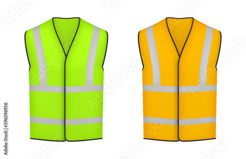 Reflective vests realistic set. High visibility work uniform green, orange design with strips.