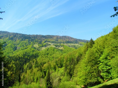 Scenic view of mountain village Jamnik under Jelovica plateaou , Gorenjska, Slovenia photo