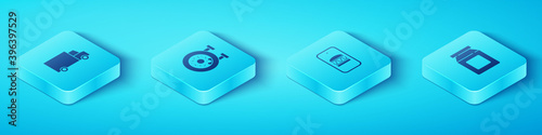 Set Isometric Fast delivery by car, Donut, Online ordering and and icon. Vector.