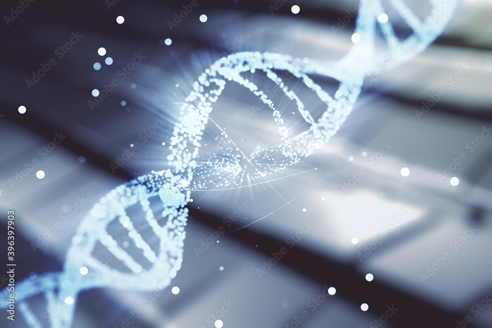 DNA hologram on shiny metal background, biotechnology and genetic concept. Multiexposure DNA hologram on shiny metal background, biotechnology and genetic concept. Multiexposure