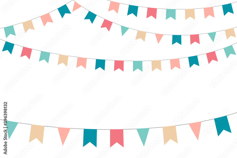 Obraz premium Flag Bunting garland color, holidays. Vector holiday ribbon, template, with space for text on a white background.
