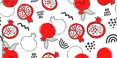 Pomegranate bright ligh seamless pattern. Hand-drawn vector pomegranates on white background for fabric, drawing labels, print on t-shirt, wallpaper of children's room, fruit cheerful background. 