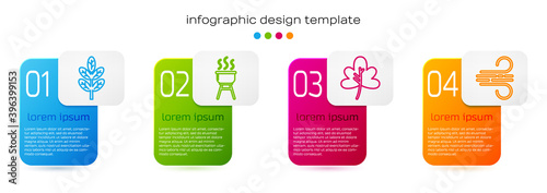 Set line Leaf or leaves, Barbecue grill, Leaf or leaves and Wind. Business infographic template. Vector.