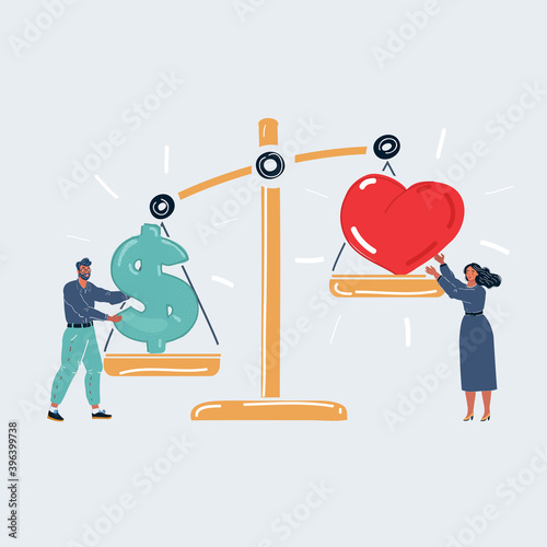Vector illustration of couple, love vs money. Big sclale with dollar dollar and heart sign on white background.
