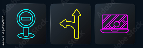 Set line Stop sign, City map navigation and Road traffic sign. Black square button. Vector.