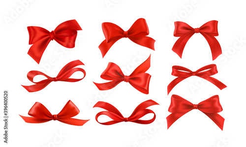 Gift bows silk red ribbon with decorative bow. Realistic luxury festive satin tape for decor or holiday packaging 3d vector set isolated on white background. Vector illustration