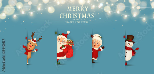Merry Christmas. Happy new year. Funny Santa Claus with Mrs. Claus, red-nosed Reindeer, snowman in blue background with christmas tree. Mrs. Claus Together. Vector cartoon character of Santa Claus