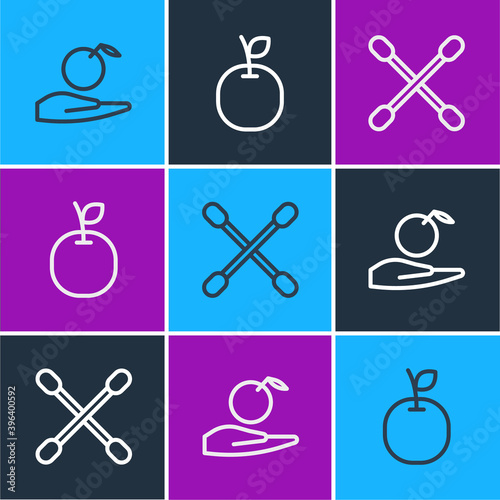 Set line Apple in hand, Cotton swab for ears and icon. Vector.