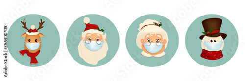 Set of Christmas pandemic stickers. Santa Claus, deer, snowman, Mrs. Claus in medical protective masks isolated. Funny icons of Christmas characters. vector illustration.