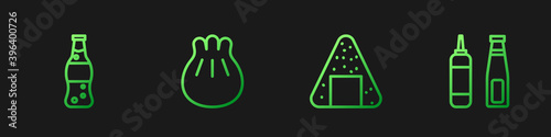Set line Onigiri, Bottle of water, Khinkali on cutting board and Sauce bottle. Gradient color icons. Vector.