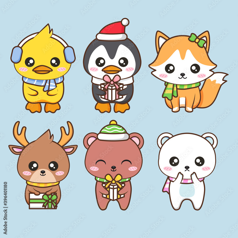 various cute animals wear winter costume