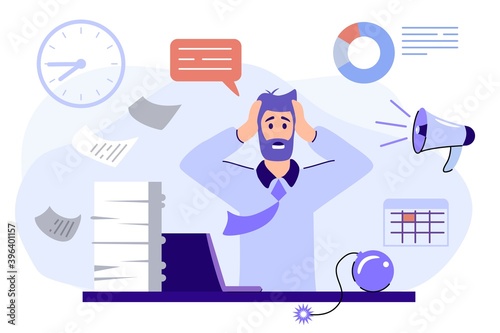 Emotional burnout Man's head exploding under anxiety pressure Social demands and work life balance problems Acute stress disorder Work related stress concept vector illustration