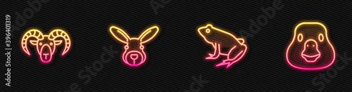 Set line Frog, Head of goat or ram, Rabbit head and Goose bird. Glowing neon icon. Vector.