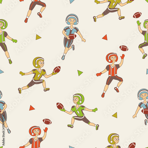 American football player seamless pattern in retro colors. Cartoon illustration 