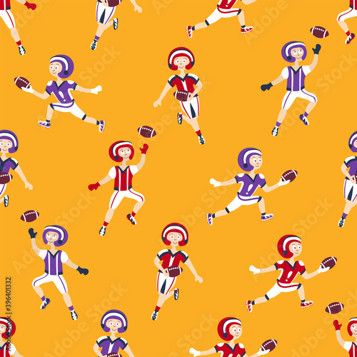 American football player seamless pattern on orange background