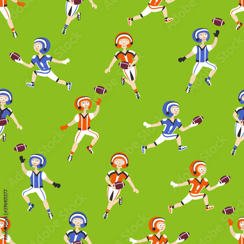 American football player seamless pattern on green background. Flat cartoon illustration 