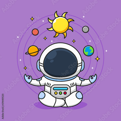 cute astronaut meditate with galaxy background