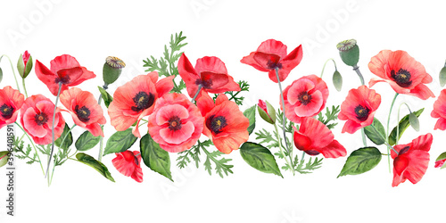 Horizontal seamless border with red poppy flowers. Botanical floral garland isolated on white. Watercolor illustration for decoration, textile printing, invitation and greeting cards.