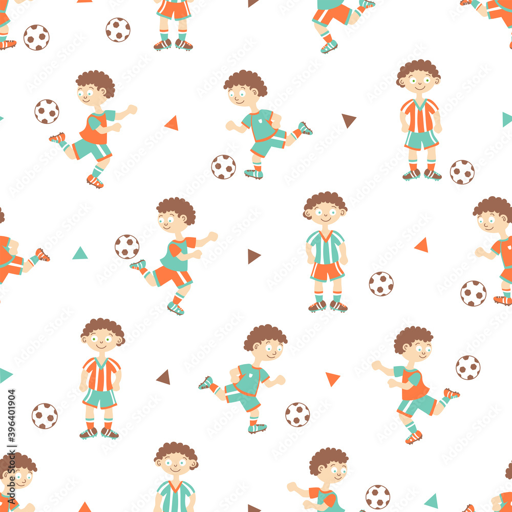 Soccer player seamless pattern in retro colors. Flat cartoon background