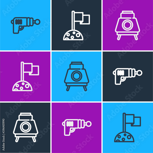 Set line Ray gun, Mars rover and Moon with flag icon. Vector.