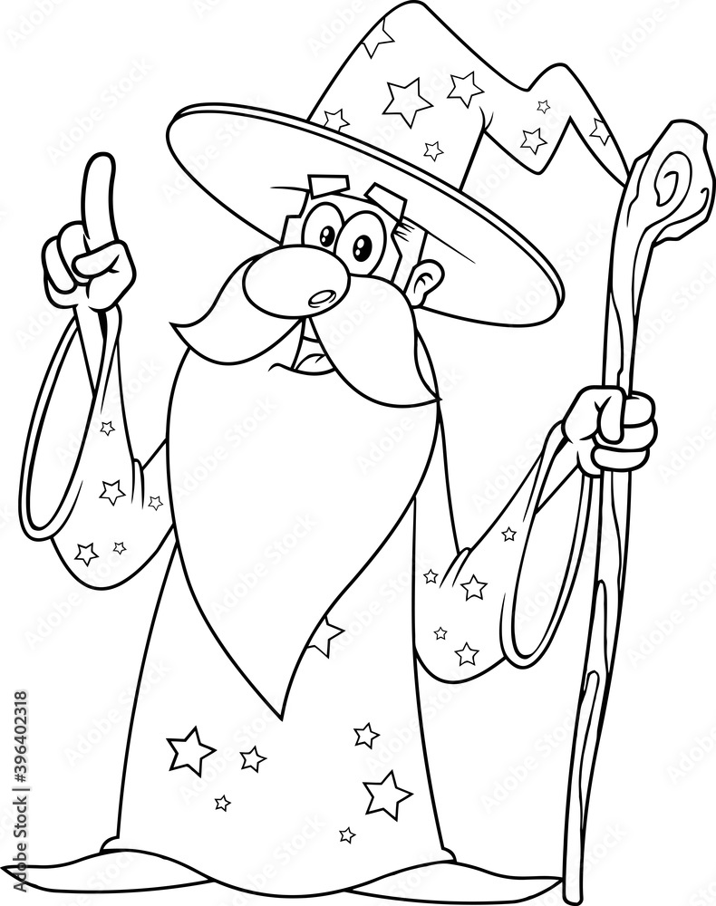 Outlined Old Wizard Cartoon Character With A Cane Pointing. Vector ...