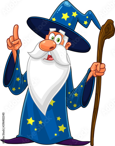Old Wizard Cartoon Character With A Cane Pointing. Vector Illustration Isolated On White Background