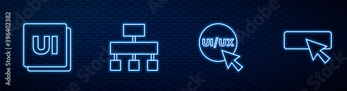 Set line UI or UX design, , Site map and . Glowing neon icon on brick wall. Vector.