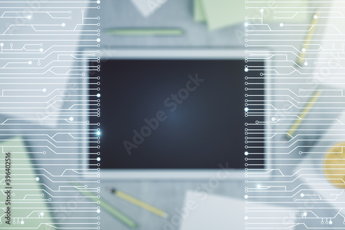 Creative concept of microscheme illustration and modern digital tablet on background, top view. Big data and database concept. Multiexposure
