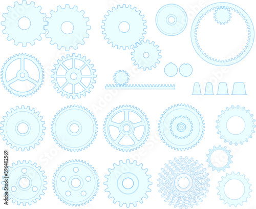 An assortment of gears in 2D view.