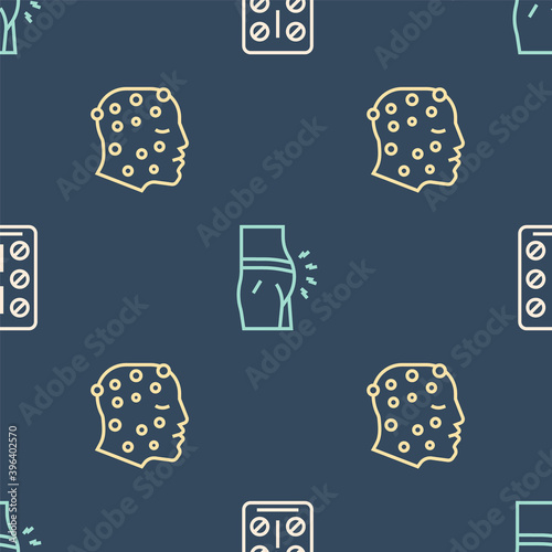 Set line Pills in blister pack, Psoriasis or eczema rash and Abdominal bloating on seamless pattern. Vector.