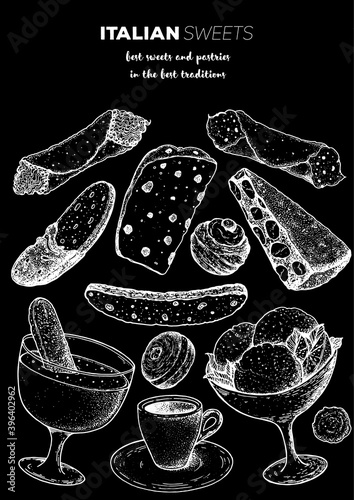 Italian dessert vector illustration. Italian food hand drawn sketch. Baking collection. Vintage design template. Cannoli, zabaglione, biscotti, gelato, panforte, bombolone, zeppole, panettone sketch.