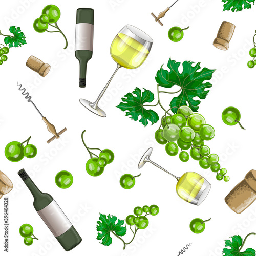 Seamless patterns on a white background from green grapes, glasses of white wine, bottles, cork and corkscrew, can be used for packaging, fabric. Stock vector illustration in cartoon style.