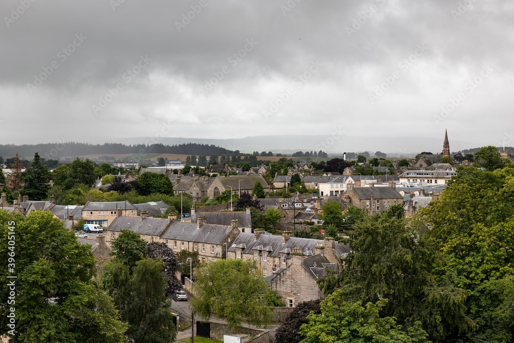 Cityscape of Elgin city with typical Scottish architecture, grey houses and rooftops