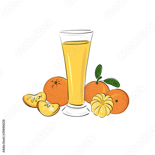 Glass with tangerine citrus juice, a whole apple and slices. Smoothies on a white background. Beverages. Detox. Diet. Healthy lifestyle, food. Scribble. Hand drawn vector illustration. Sketch.