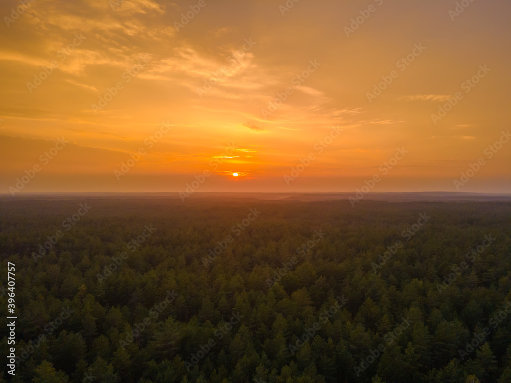 Aerial view of an orange sunset over the forest