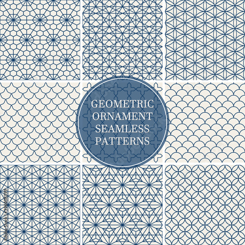 Collection of seamless ornamental geometric patterns. Trendy vector oriental backgrounds. Blue mosaic design