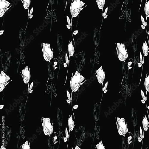 Seamless vintage pattern. Vector illustration. Contrasting white roses, leaves, stems with thorns on a black background.