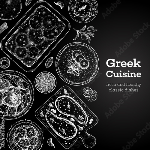 Greek cuisine top view frame. A set of greek dishes with moussaka, kleftiko, papoutsakia, tzatziki, feta . Food menu design template. Vintage hand drawn sketch vector illustration. Engraved image