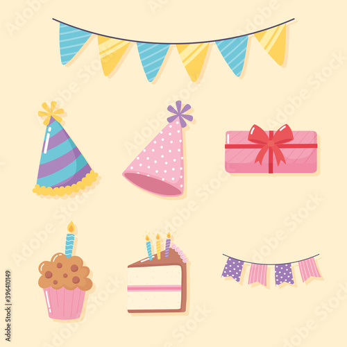 happy birthday  icons collection hat cake cupcake and bunting decoration party cartoon