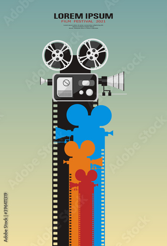 Cinema movie festival poster. Movie camcorder with color filmstrips. Retro cinema background with place for text. Film template design for poster, banner, flyer, leaflet, brochure. Movie time concept.