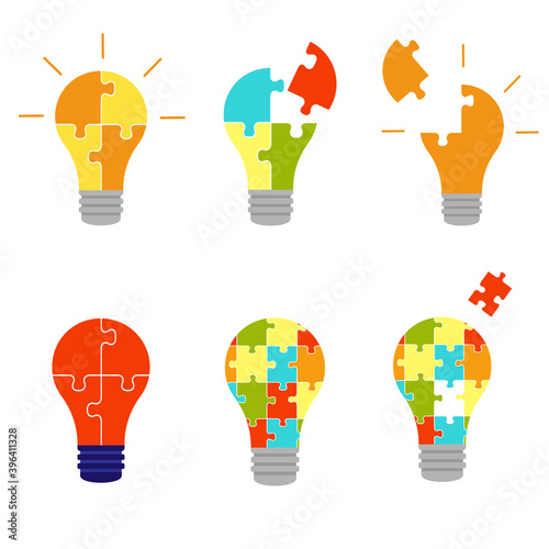 Set light bulb made of puzzle pieces. Idea, business, solution, work, insight, brainstorm concept. Vector cartoon illustration.