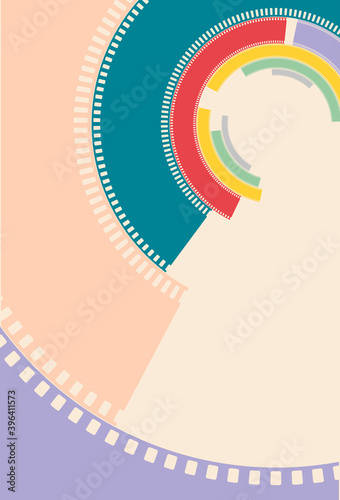 Template poster for cinema festival. Art deco style. Colorful silhouette of filmstrips in circle. Retro cinema background. Film design with place for text. Movie concept for banner, flyer, leaflet.
