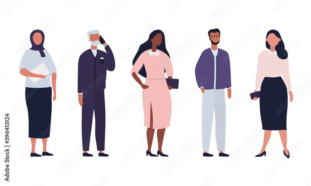 Diverse group of business people, entrepreneurs or office workers isolated on white background. Multinational company. Old and young men and women standing together. Flat cartoon vector illustration