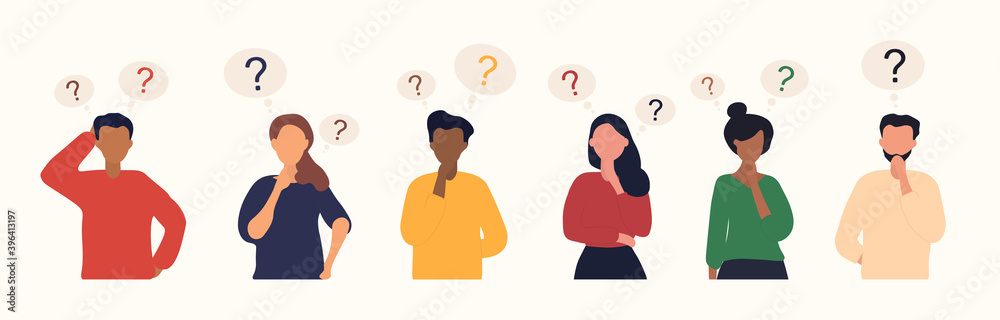 © Rudzhan - Collection of diverse thoughtful people. Six smart men and women thinking or solving problem. Set of pensive boys and girls surrounded by thought bubbles. Flat cartoon vector illustration.