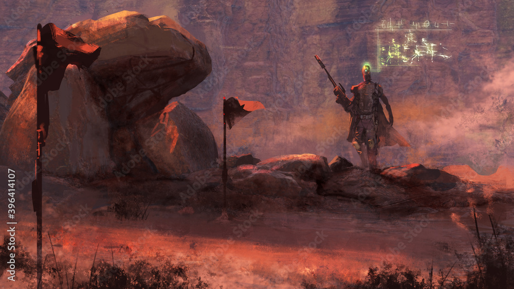 digital painting of a futuristic bounty hunter holding a sniper rifle