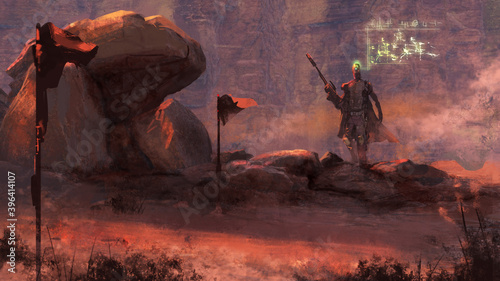 Billede på lærred digital painting of a futuristic bounty hunter holding a sniper rifle walking in