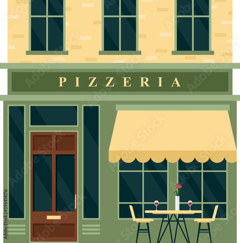 Vintage pizzeria cafe restaurant house building facade vector illustration. Cartoon European city street with building green exterior, front entrance door, big windows and signboard restaurant