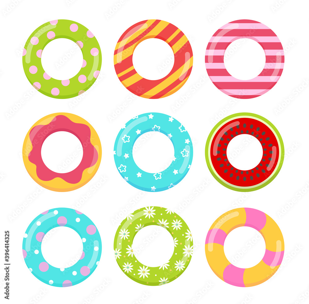 Colorful and bright cartoon inflatable swimming sea beach or pool equipment collection ball, cute toy rings and lifesavers isolated on white background. Colorful and bright cartoon inflatable swimming sea beach or pool equipment collection ball, cute toy rings and lifesavers isolated on white background.