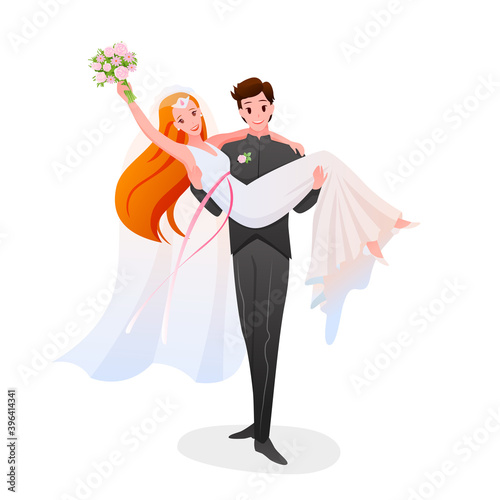 Groom holds the bride in his hands, happy couple. Cartoon bearded man character in suit and happy woman in fashionable wedding dress, marriage bridal ceremony day isolated on white.