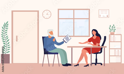 Old man write a testament. Senior drawing will. Retirement estate planning, property transferring, financial advisor and lawyer services concept. Flat vector illustration in cartoon style